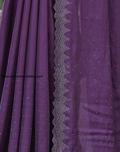 Purple Swarovski Satin Plain Saree