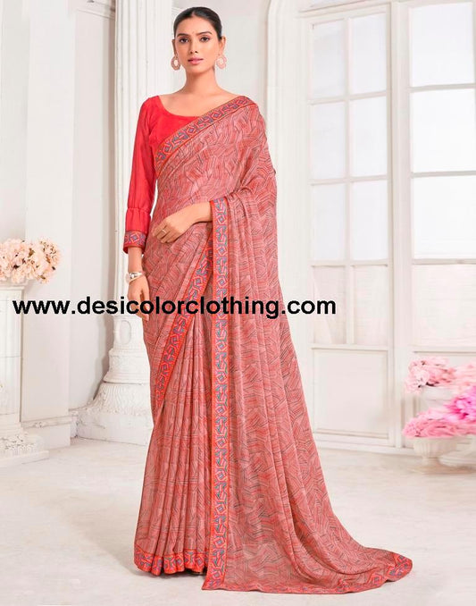 Dusty Peach Chiffon Printed Saree