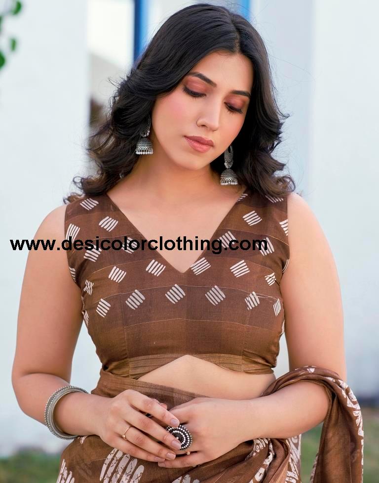 Brown Printed Cotton Saree