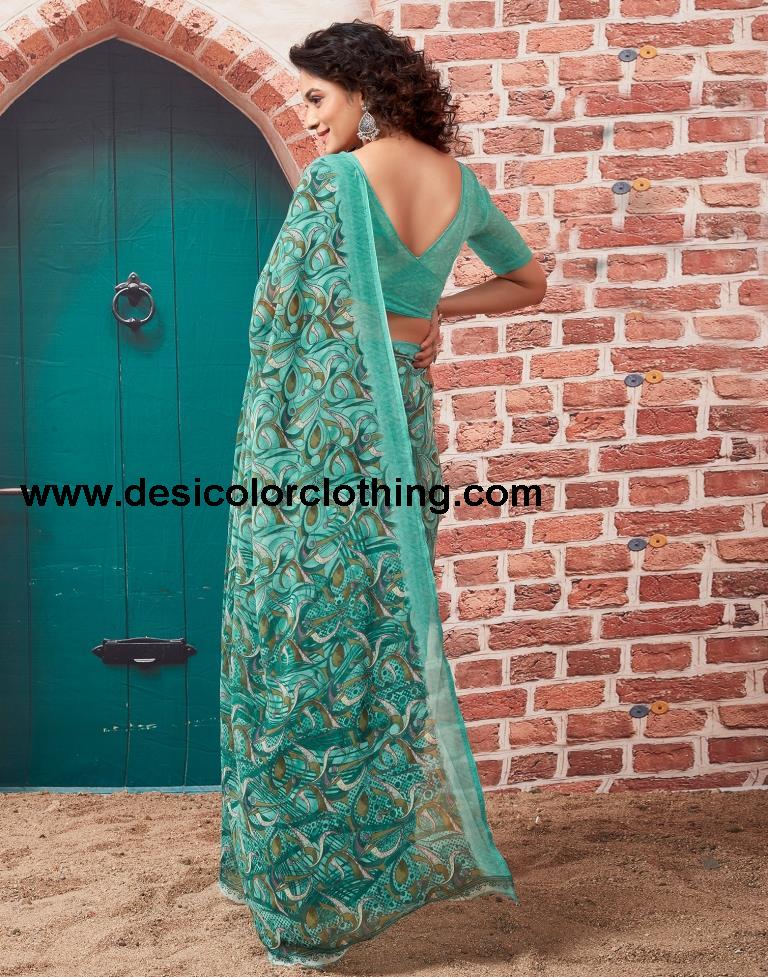 Turquoise  Georgette Printed Sarees