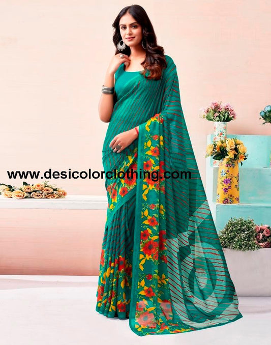 Teal Green Renial Printed  Saree