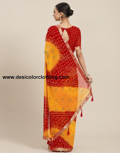 Yellow And Red Bandhani Saree