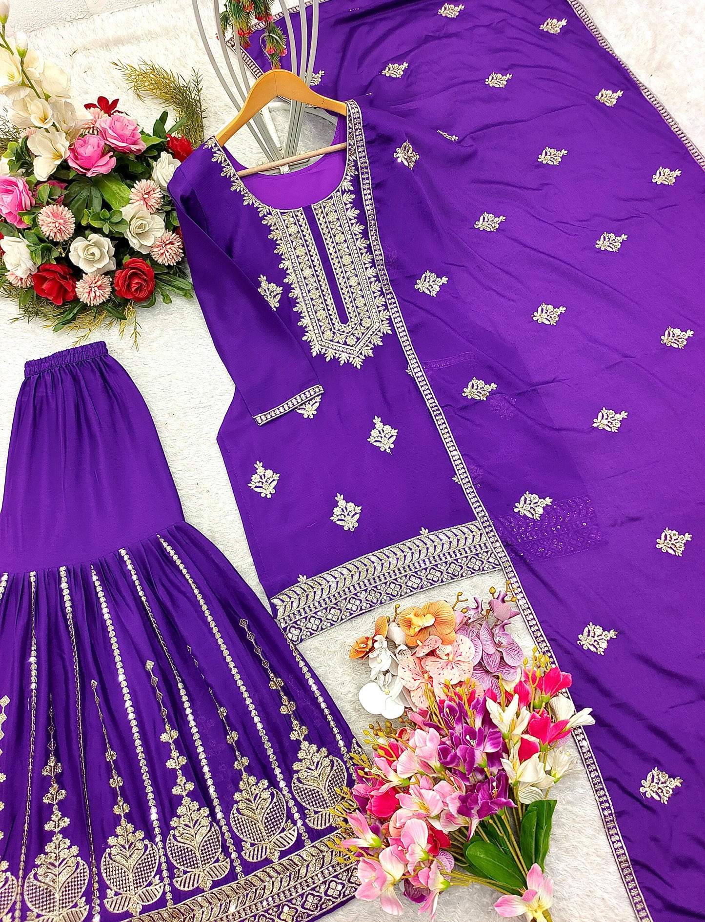 Product Image - Designer Pure Cinon Top-Sarara-Dupatta Set - Fully Stitched Ethnic Wear