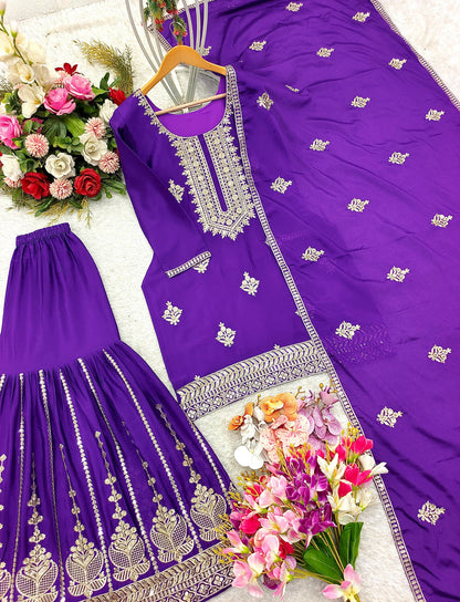 Product Image - Designer Pure Cinon Top-Sarara-Dupatta Set - Fully Stitched Ethnic Wear