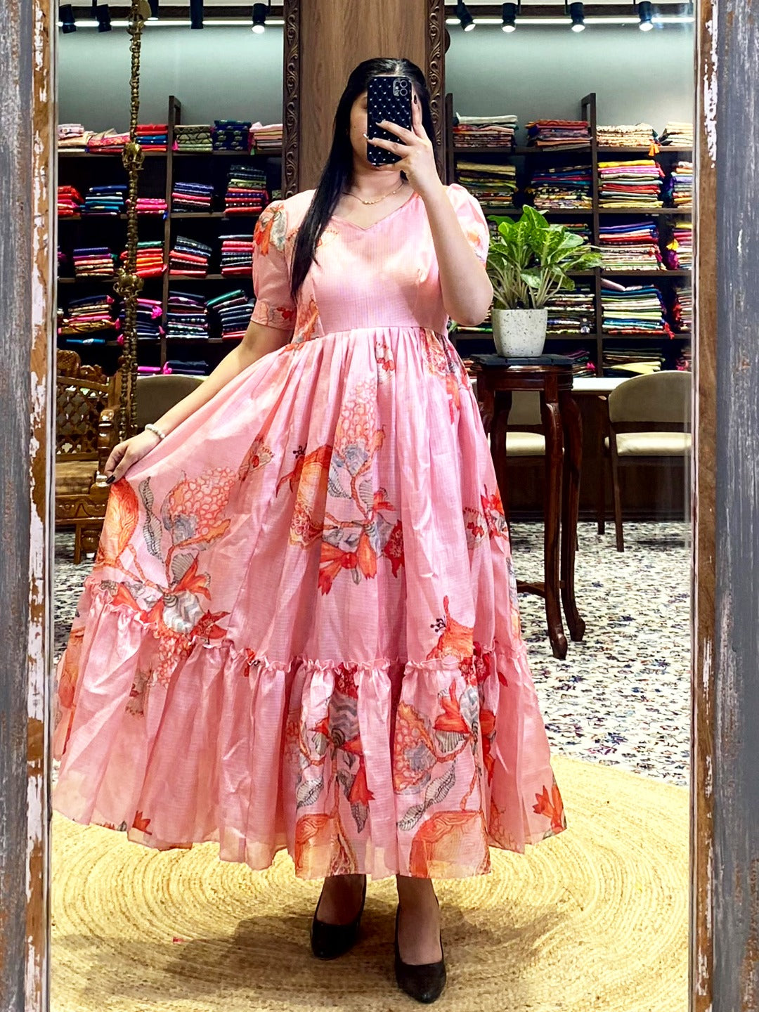 Product Image - Elegant Floral Midi Dress in Kota Fabric | Perfect Festive & Party Wear