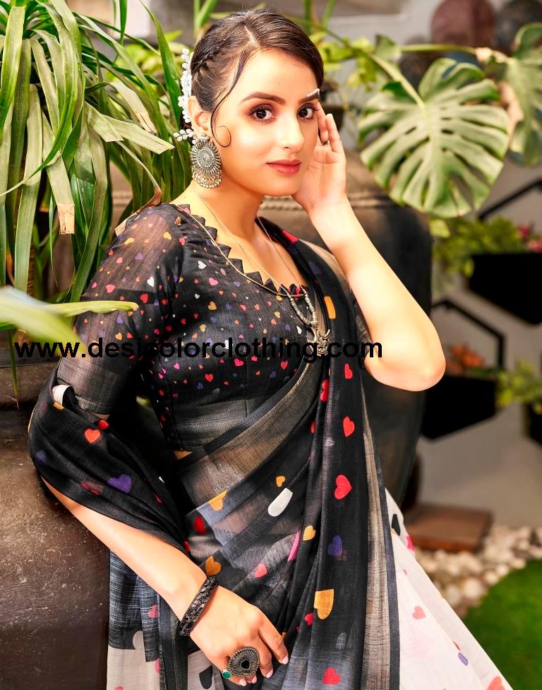 Black Linen Printed  Saree