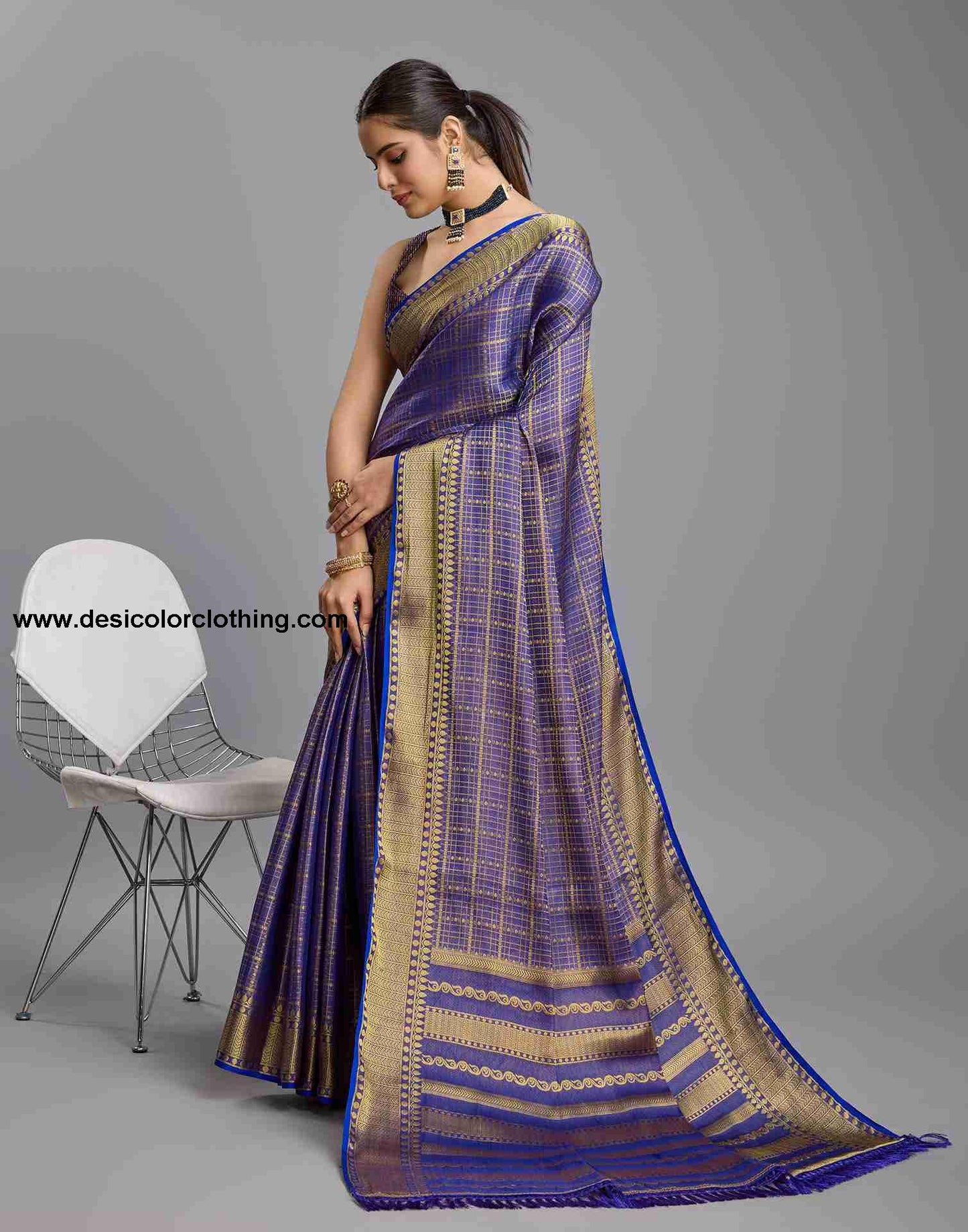 Sophisticated Dark Blue Banarasi Silk Saree with Woven Tassel Accents