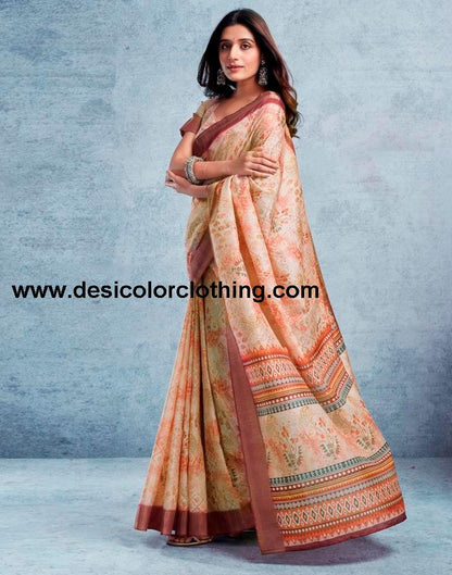 Cream Silk Printed  Saree
