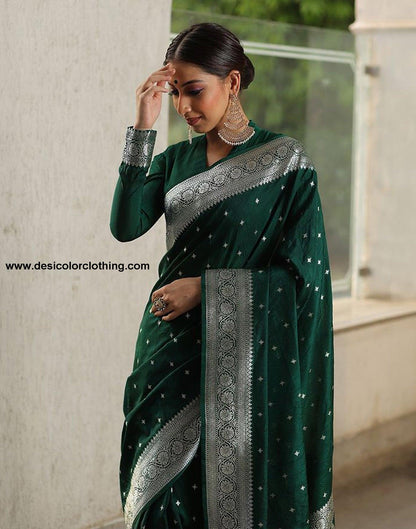 Dark Green Silk Plain Saree