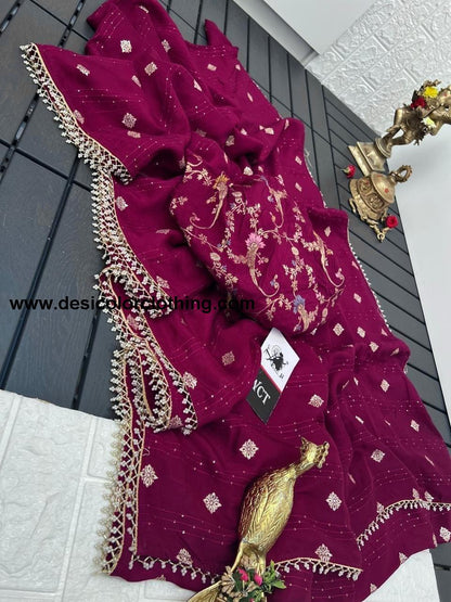 Pure viscose Russian Dola Crepe with sequence weaving and jacquard butti with pearls lace with fancy blouse
