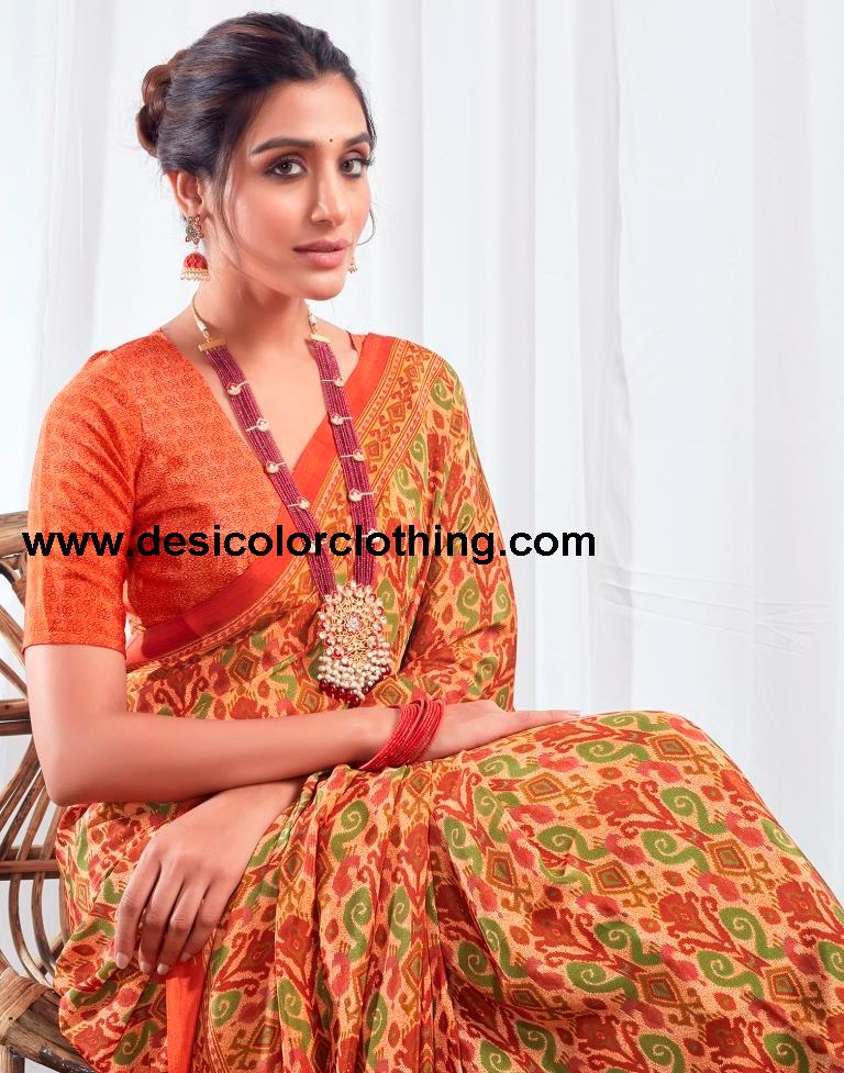 Rust Silk Printed Sarees