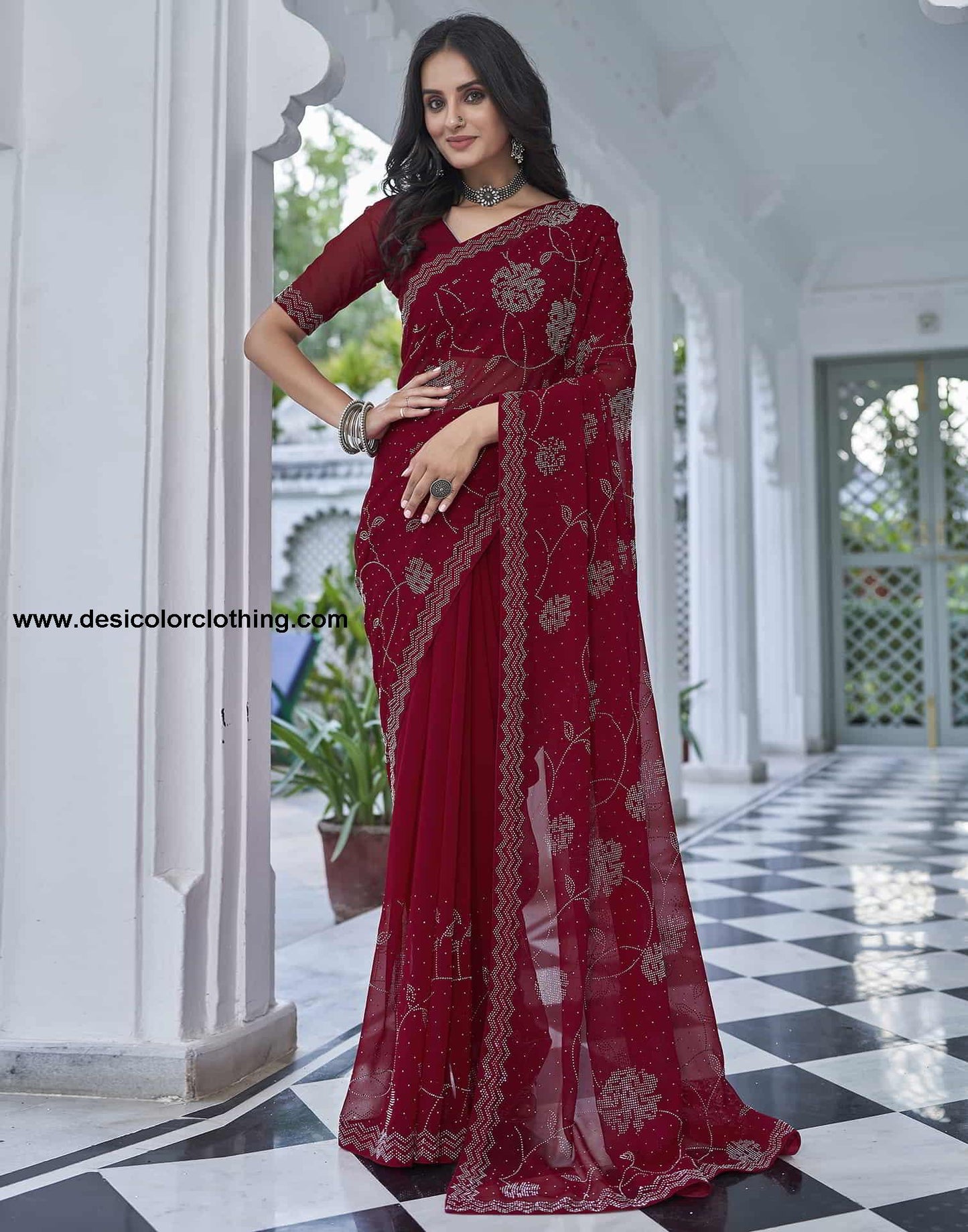 Red Swarovski Georgette Stone Work Saree