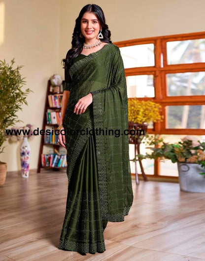 Mehndi Green Georgette Plain Saree