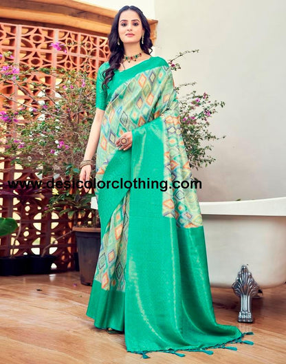 Turquoise Silk Printed Ready To Wear