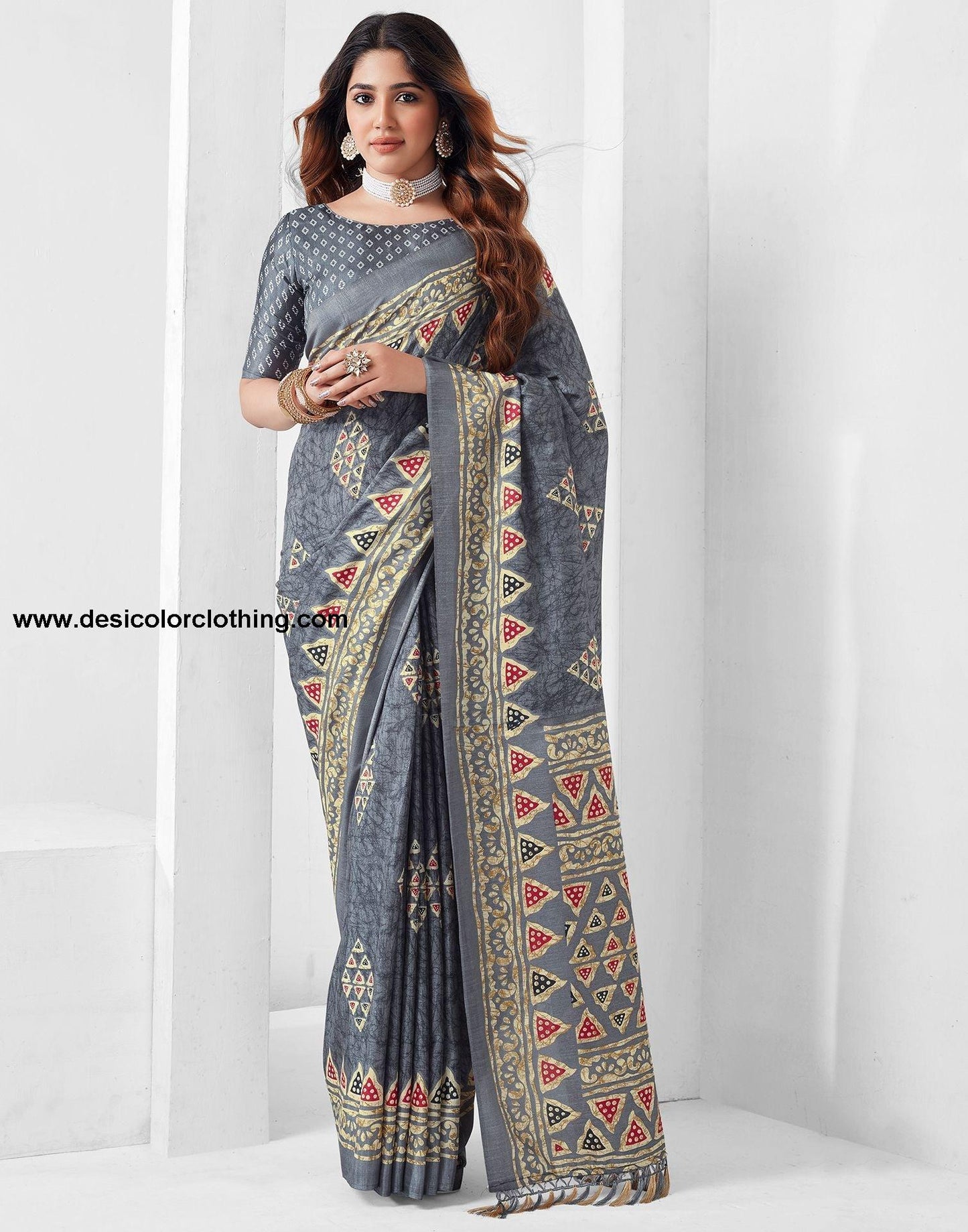 Steel Grey Printed Silk Saree