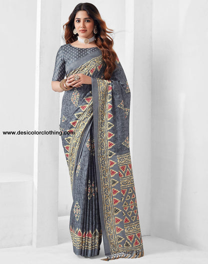 Steel Grey Printed Silk Saree