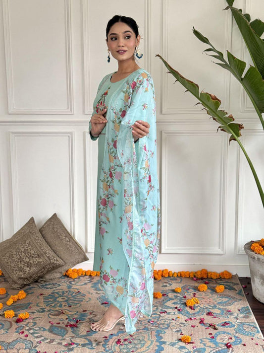 Product Image - Elegant Embroidered Kurti Set with Silk Dupatta