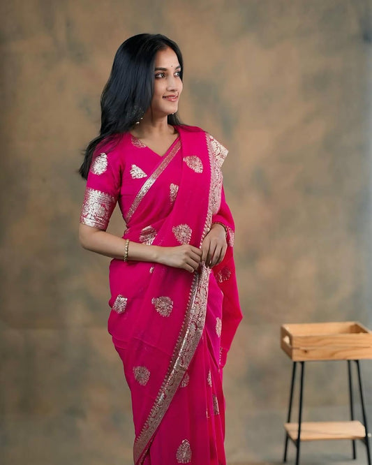 Product Image - Designer Viscose Georgette Saree with Contrast Blouse - Perfect for Festive & Wedding Wear
