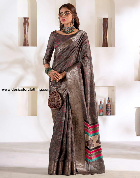 Brown Silk Printed Saree