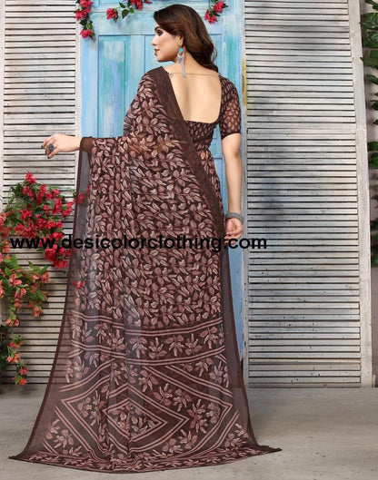 Brown Chiffon Printed Saree