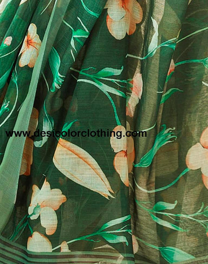Dark Green Linen Printed Sarees