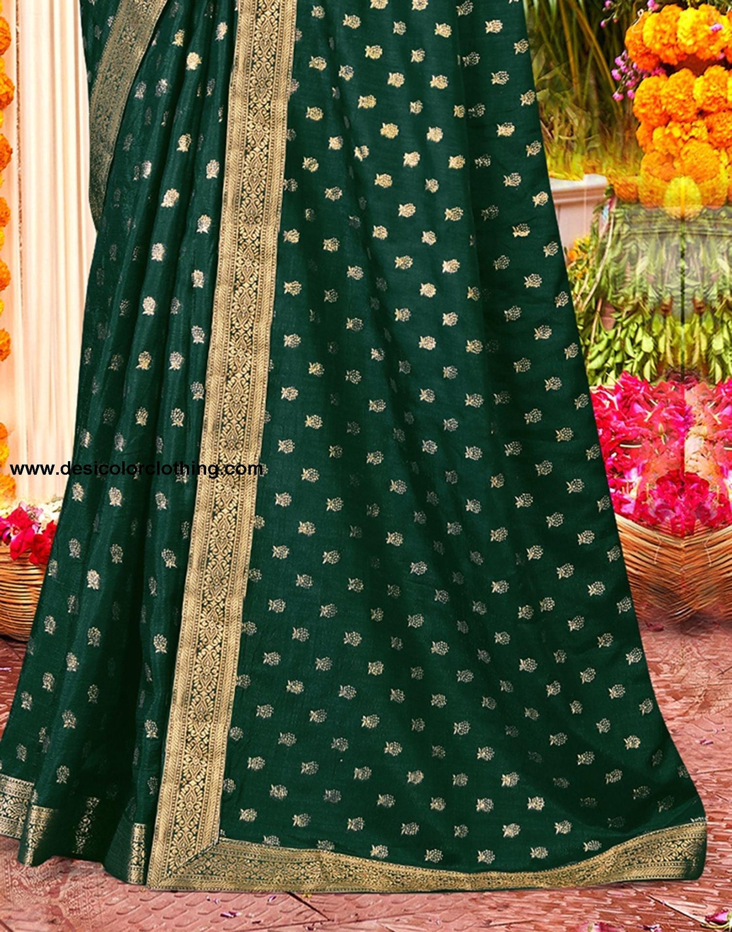 Dark Green Printed Silk Saree