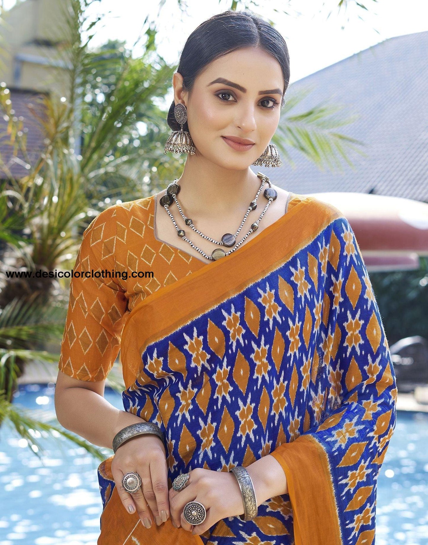 Blue Printed Cotton Pre-Draped Saree