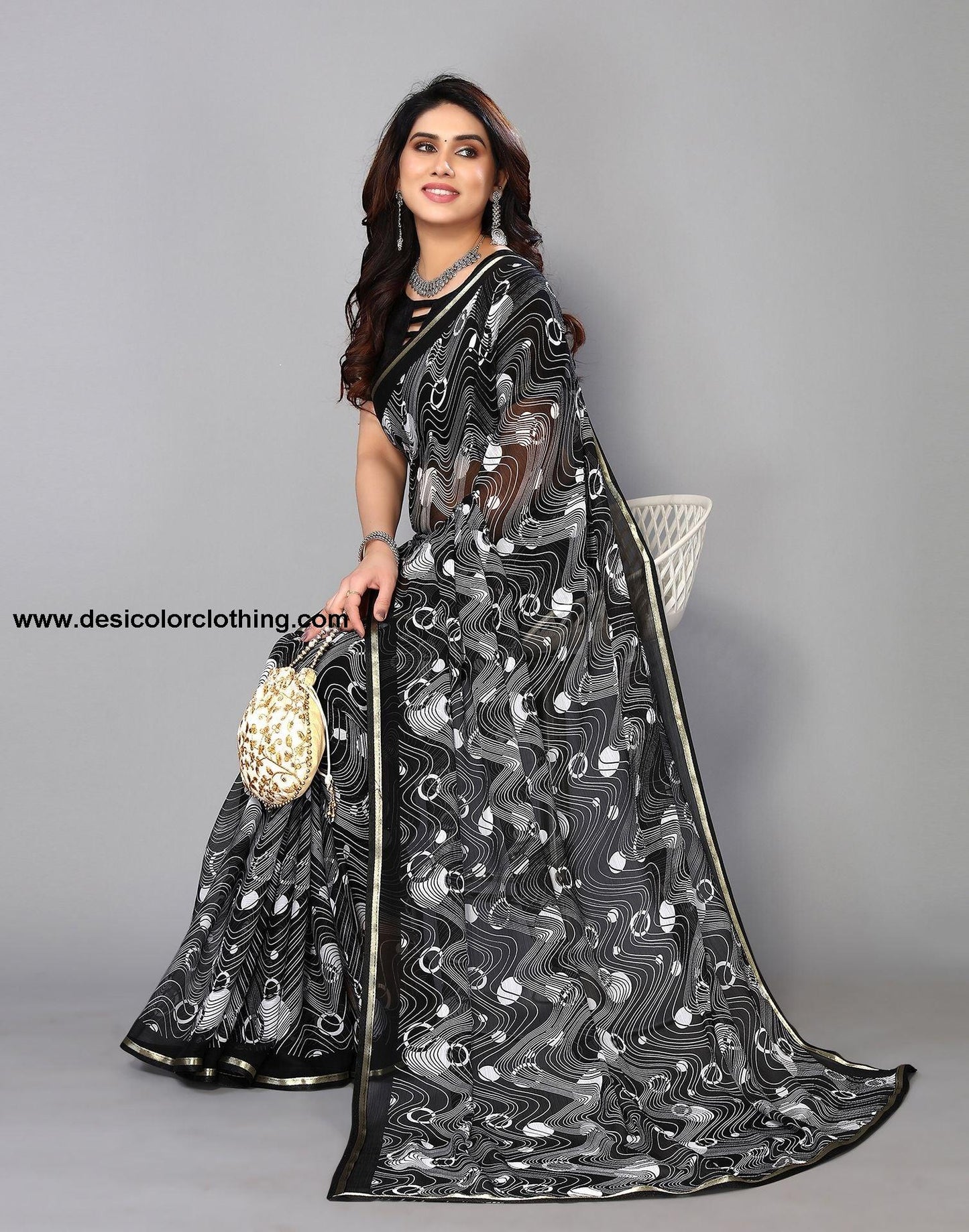 Black Chiffon Printed Saree