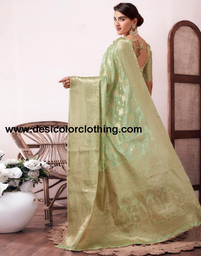 Pista Green Organza Woven Saree