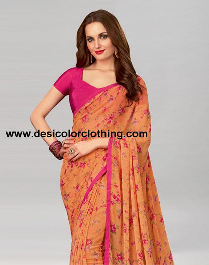 Orange Printed Georgette Saree