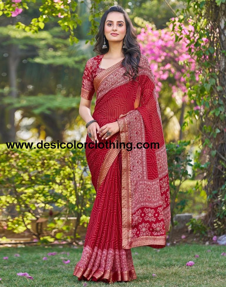 Dark Red Georgette Printed Saree