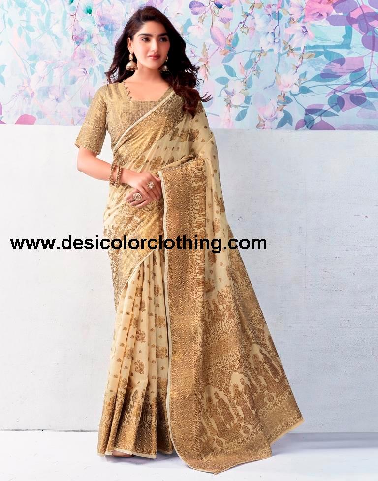 Beige Silk Plain Saree
