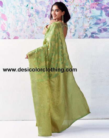 Pista Green Organza Woven Saree