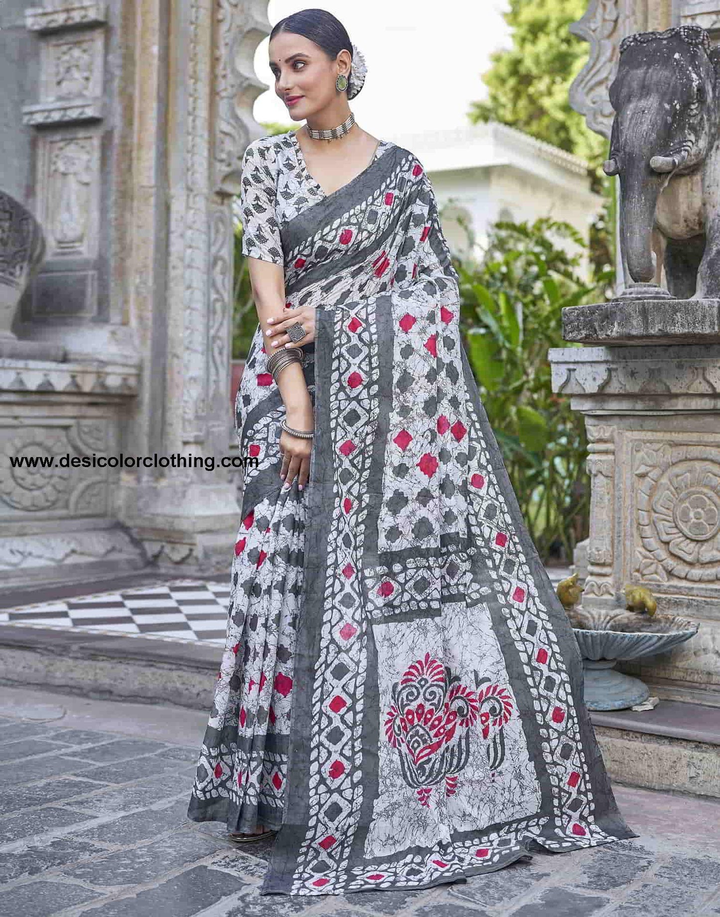 White Printed Cotton Saree