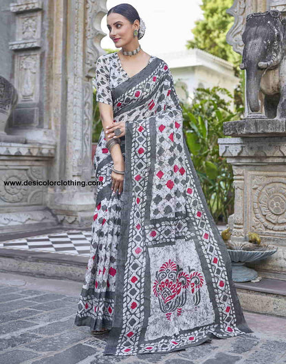 White Printed Cotton Saree