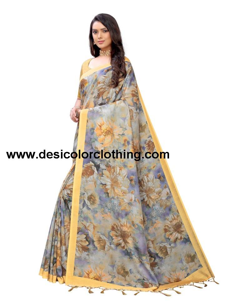 Yellow Printed Silk Saree