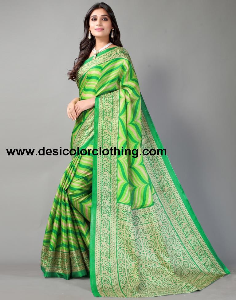 Parrot Green Printed Silk Saree
