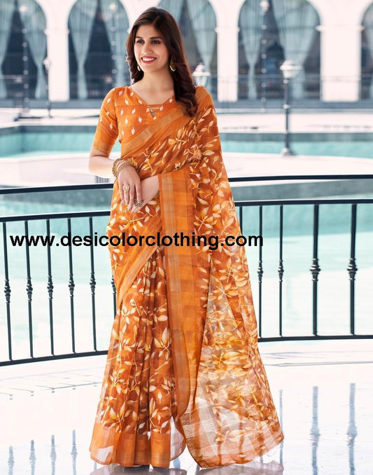 Dark Orange Cotton Printed Saree
