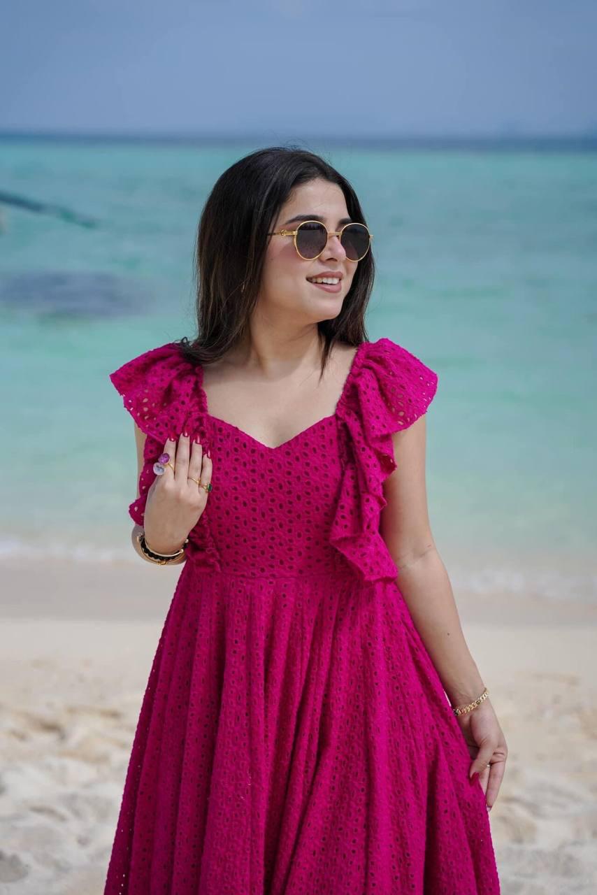 Product Image - Pink Blossom Designer Schiffli Cotton Dress - Perfect Festive Wear