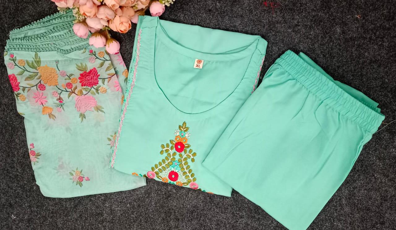 Product Image - Elegant Embroidered Kurti Set with Silk Dupatta