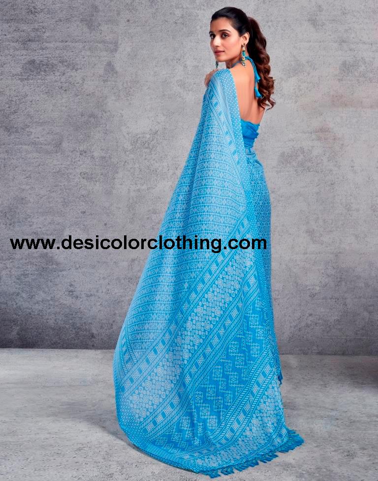 Blue Chiffon Printed  Saree