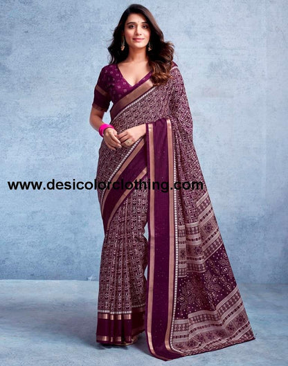 Wine Silk Printed  Saree