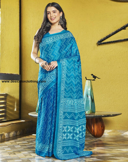 Blue Printed Cotton Pre-draped Saree