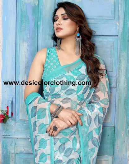 Turquoise Chiffon Printed Saree