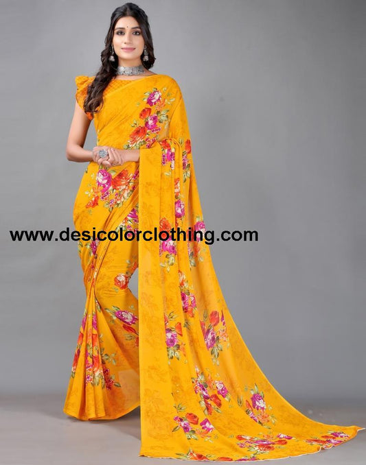 Yellow Printed Georgette Saree