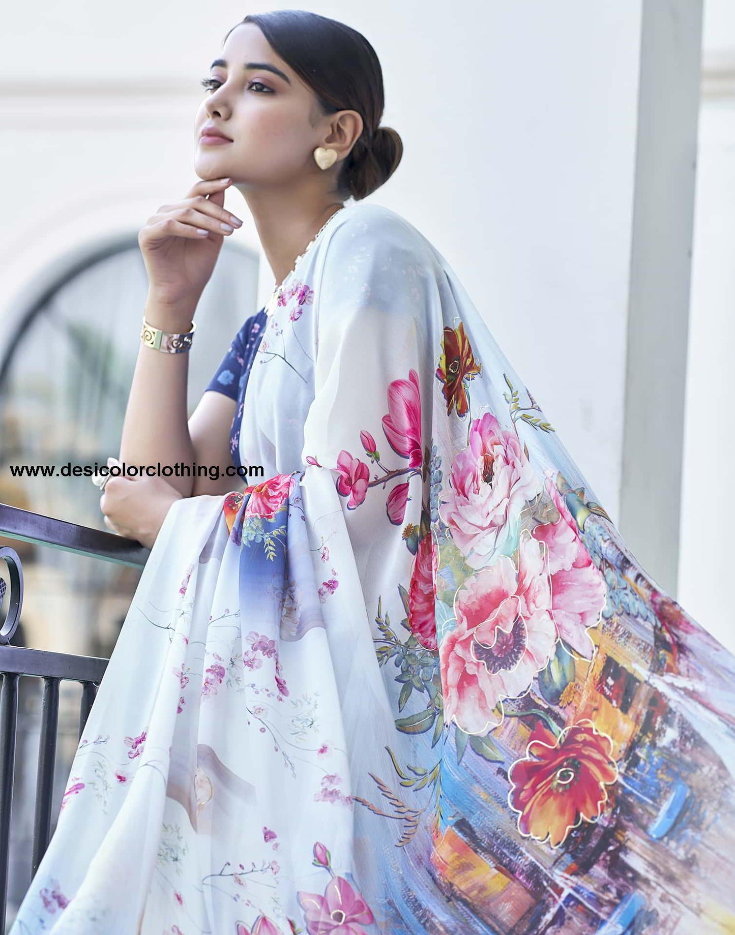 White Printed Georgette Saree