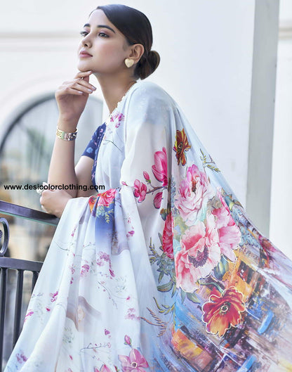 White Printed Georgette Saree