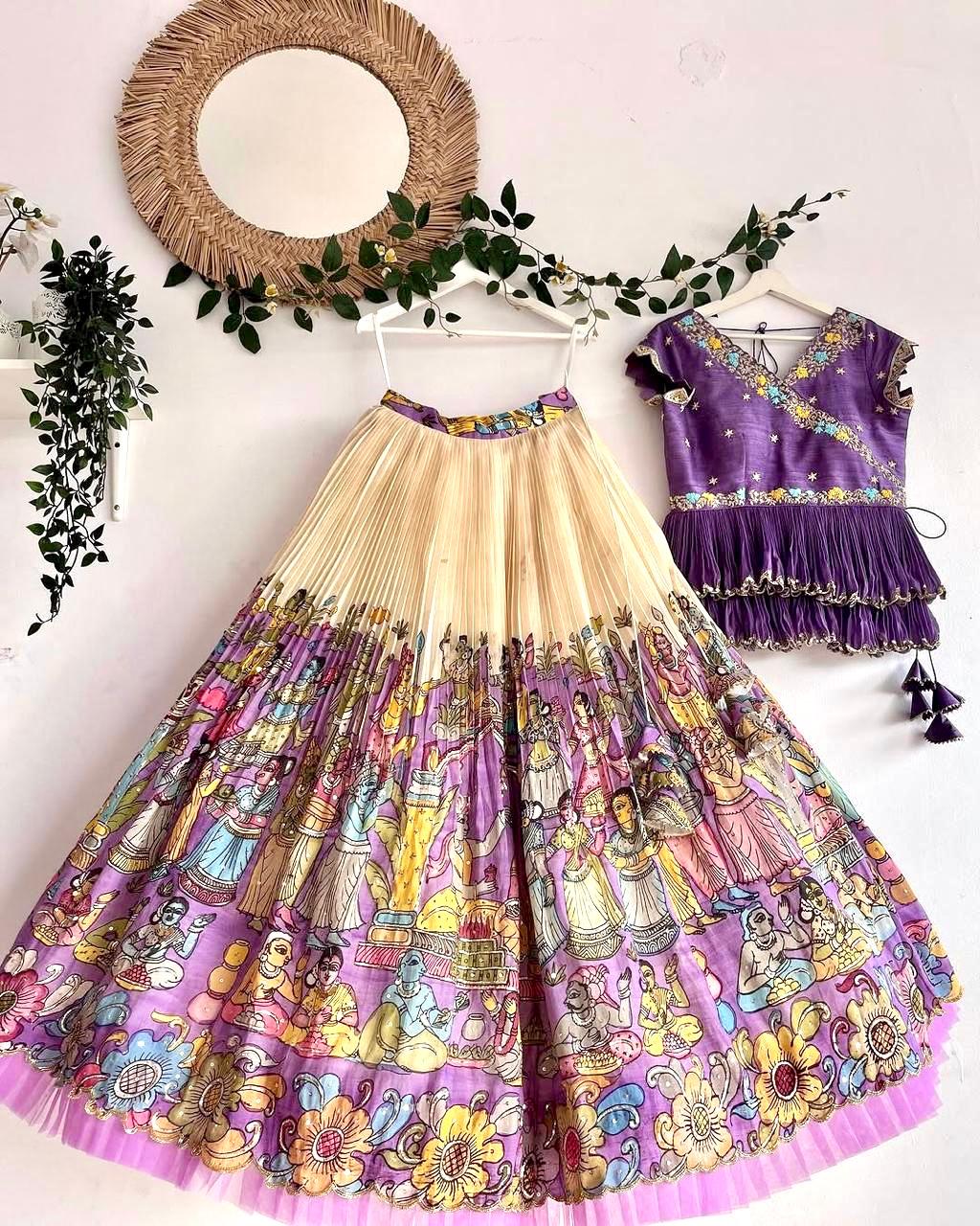 Product Image - Trending Kalam Kari Printed & Embroidered Lehenga Blouse for Kids