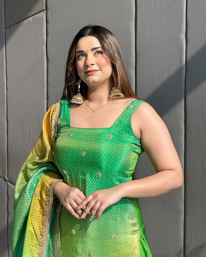 Product Image - Elegant Green Bandhej Print Suit with Beadwork | Designer Festive Wear