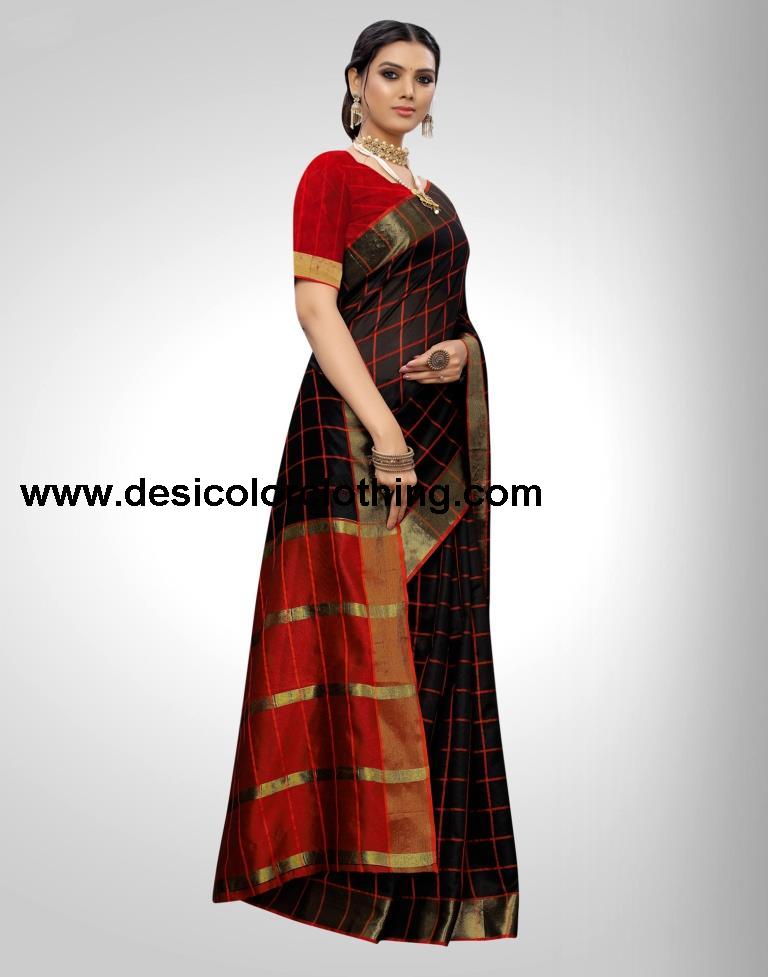 Black Coloured Chanderi Woven Checks Casual saree